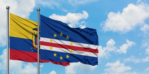 Ecuador and Cape Verde flag waving in the wind against white cloudy blue sky together. Diplomacy concept, international relations.