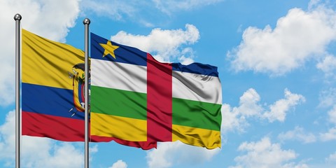 Ecuador and Central African Republic flag waving in the wind against white cloudy blue sky together. Diplomacy concept, international relations.