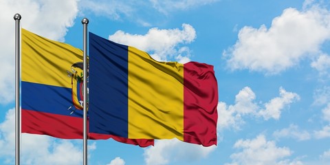 Ecuador and Chad flag waving in the wind against white cloudy blue sky together. Diplomacy concept, international relations.