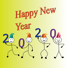 Cheerful stick men in festive hats with tassels on a new year background. New year's banner.