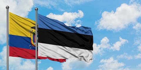 Ecuador and Estonia flag waving in the wind against white cloudy blue sky together. Diplomacy concept, international relations.