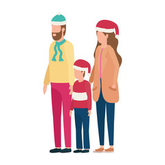 parents couple and son with christmas hats characters