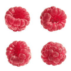 Raspberries Collection. Ripe Raspberry Isolated on White Background. Full Depth of Field, Red Berry Close-up 