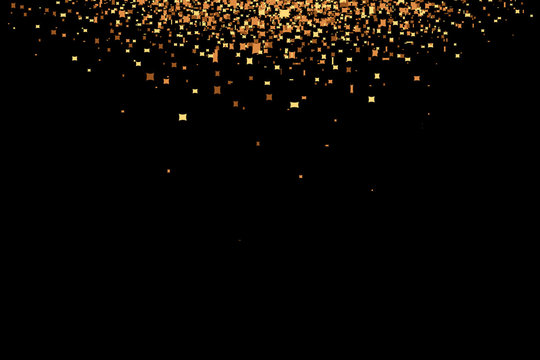 Gold glitter rain isolated on black background. Festive overlay texture for congratulation. Golden confetti explosion, illustration