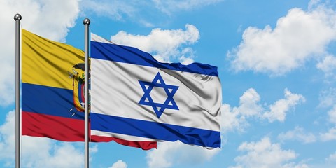 Ecuador and Israel flag waving in the wind against white cloudy blue sky together. Diplomacy concept, international relations.