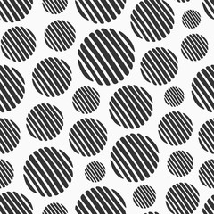 Abstract seamless pattern of hand drawn striped circles. Monochrome vector background.