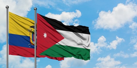 Ecuador and Jordan flag waving in the wind against white cloudy blue sky together. Diplomacy concept, international relations.
