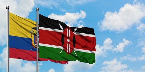 Ecuador and Kenya flag waving in the wind against white cloudy blue sky together. Diplomacy concept, international relations.