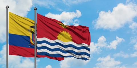 Ecuador and Kiribati flag waving in the wind against white cloudy blue sky together. Diplomacy concept, international relations.
