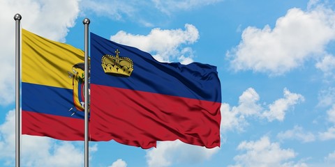 Ecuador and Liechtenstein flag waving in the wind against white cloudy blue sky together. Diplomacy concept, international relations.