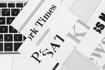 Newspaper Pages with Headlines and Computer Keyboard. Abstract Business Background, Concept for...