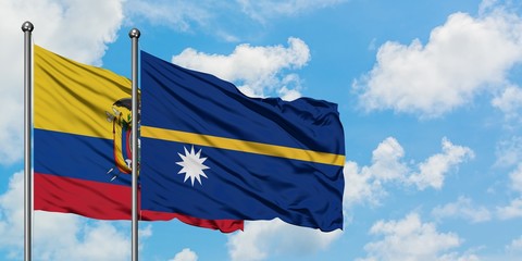 Ecuador and Nauru flag waving in the wind against white cloudy blue sky together. Diplomacy concept, international relations.