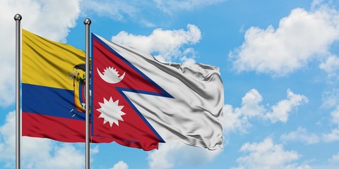 Ecuador and Nepal flag waving in the wind against white cloudy blue sky together. Diplomacy concept, international relations.