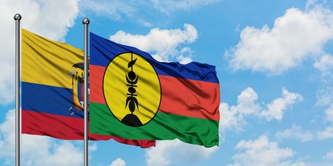 Ecuador and New Caledonia flag waving in the wind against white cloudy blue sky together. Diplomacy concept, international relations.