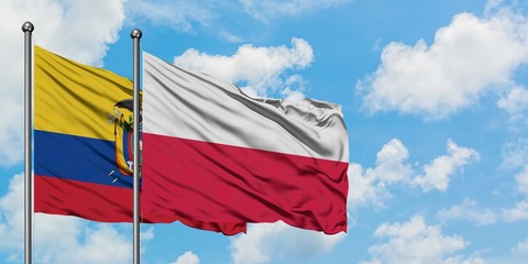 Ecuador and Poland flag waving in the wind against white cloudy blue sky together. Diplomacy concept, international relations.