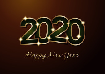 2020 Happy New Year celebration card for Christmas greetings or seasonal flyers. Vector golden text on orange background
