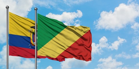 Ecuador and Republic Of The Congo flag waving in the wind against white cloudy blue sky together. Diplomacy concept, international relations.