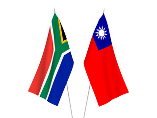 National fabric flags of Republic of South Africa and Taiwan isolated on white background. 3d rendering illustration.