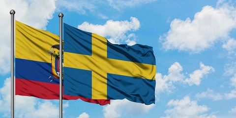 Ecuador and Sweden flag waving in the wind against white cloudy blue sky together. Diplomacy concept, international relations.