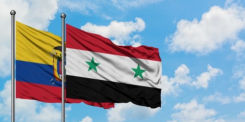Ecuador and Syria flag waving in the wind against white cloudy blue sky together. Diplomacy concept, international relations.