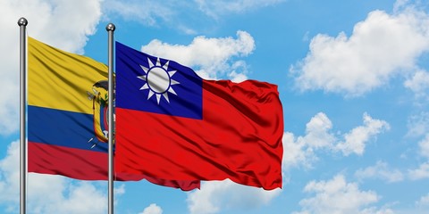 Ecuador and Taiwan flag waving in the wind against white cloudy blue sky together. Diplomacy concept, international relations.