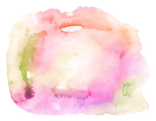 Multicolored watercolor stains in pastel colors with natural stains of paper-based paint. Isolated frame for design. Abstract unique background.