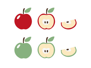 Apple icon set in modern flat design. Apple symbol in red and green with a leaf. Half and a slice of apple. Clip-art for logo, hobby, pattern. Stock vector isolated on white background