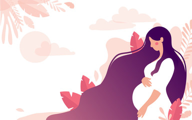 Cute character of a pregnant woman on a background of a gentle landscape with place for text. The concept of motherhood, pregnancy, health, support for young mothers. Flat stock vector