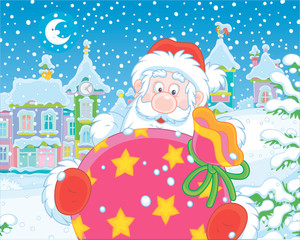 Santa Claus with his gift bag on the street of a small town on the snowy night before Christmas, vector illustration in a cartoon style