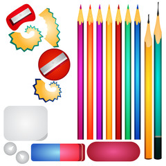 A set of multi-colored pencils, several erasers and a pencil sharpener. Stationery