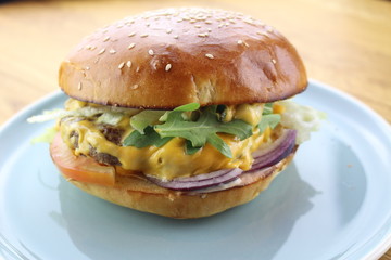 Delicious classic burger isolated on a white plate.