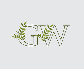Letter G, W and GW Green Vintage Floral Logo Icon, overlapping monogram logo. Nature Green Leaves Letter Logo Icon.