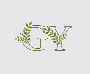 Letter G, Y and GY Green Vintage Floral Logo Icon, overlapping monogram logo. Nature Green Leaves Letter Logo Icon.