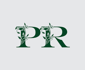 Letter P, R and PR Green Vintage Floral Logo Icon, overlapping monogram logo. Simple Swirl Green Letter Logo Icon.