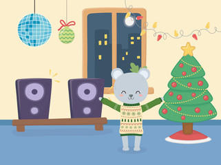 merry christmas celebration cute bear wearing sweater party speaker tree balls and lights