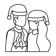 young lovers couple with christmas hat characters