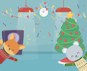 Fototapeta premium merry christmas celebration funny bear and fox with lamps speaker confetti