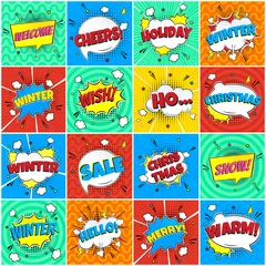Foto op Plexiglas 16 Comic Winter Lettering In The Speech Bubbles Comic Style Flat Design. Dynamic Pop Art Vector Illustration Isolated On Rays Background. Exclamation Concept Of Comic Book Style Pop Art Voice Phrases. © Konstantin