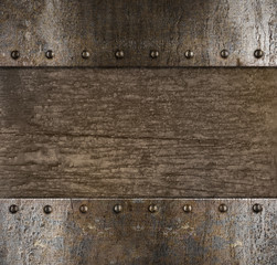 medieval metal frame with rivets over wood background 3d illustration