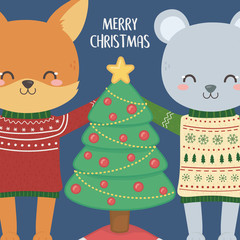 merry christmas celebration cute fox and rabbit with sweater and tree decoration