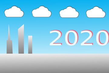 tall building on blue sky and white cloud with 2020 text vector