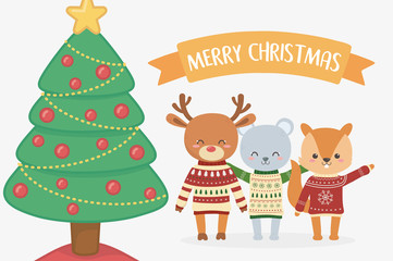 Obraz premium merry christmas celebration bear squirrel and deer with tree