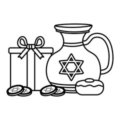 happy hanukkah teapot jar with sweet cupcake and coins