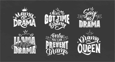 Logo set for Girls Drama. Hand drawn lettering composition. Vintage design, labels, stickers, phrases, emblems for poster, background, postcard, banner, signboard. 