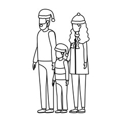 parents couple and son with christmas hats characters