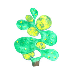 Green and yellow watercolor abstract Christmas tree isolated on white background. Colorful round shape winter holiday element for your design.