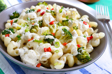 Cavatappi pasta with broccoli, red pepper and cream sauce in a bowl. Vegetarian dish. Delicious wholesome food. Proper nutrition.