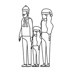 parents couple and daughter with christmas hats characters