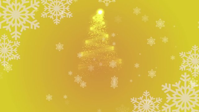 Animated Merry Christmas and Happy New Year greetings on a yellow background with falling snowflakes and a drawing Christmas tree