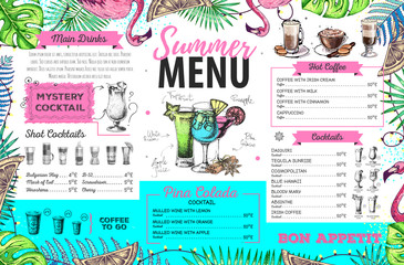 Obraz premium Hand drawing summer menu design with flamingo and tropic leaves. Restaurant menu